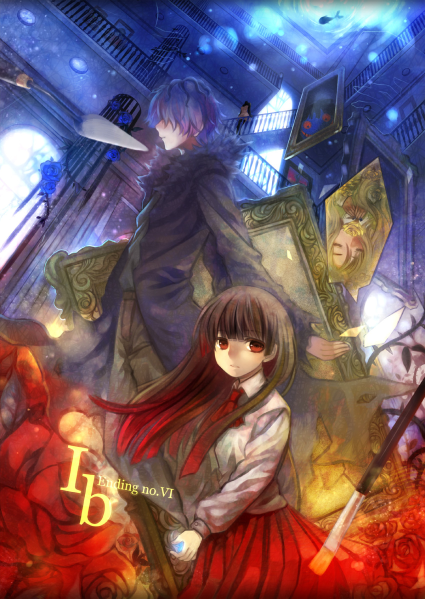 1girl blue_rose brown_hair candy closed_eyes coat column eve_(ib) fish flower garry_(ib) gary_(ib) hair_over_eyes hands highres ib ib_(ib) knife long_coat long_hair mannequin mary_(ib) paintbrush painting painting_(object) palette_knife pillar purple_hair red_eyes red_rose rose shards shirotolee title_drop vines yellow_rose