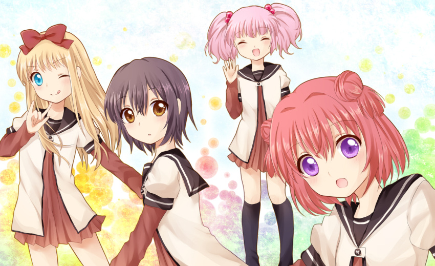:d :q \m/ ^_^ akaza_akari aqua_eyes black_hair black_legwear blonde_hair blue_eyes bow brown_eyes closed_eyes double_bun funami_yui hair_bobbles hair_bow hair_ornament highres hinaka_8910 multiple_girls open_mouth pink_hair purple_eyes red_hair redhead school_uniform short_hair smile tongue toshinou_kyouko violet_eyes yoshikawa_chinatsu yuru_yuri