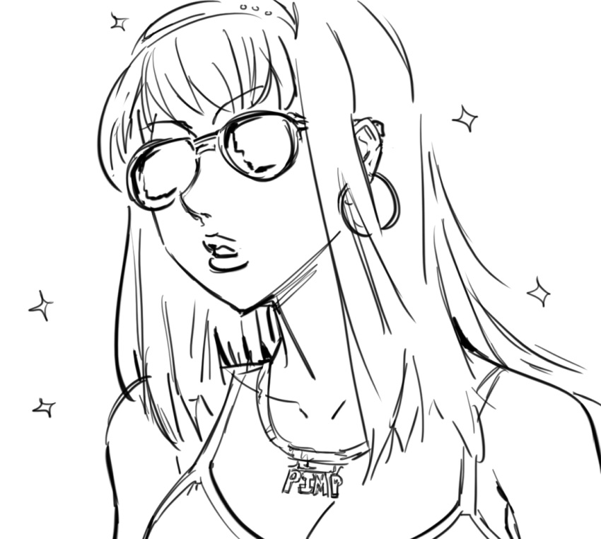 bare_shoulders bb_(baalbuddy) bling bust earrings hairband hoop_earrings jewelry lips long_hair monochrome necklace solo spaghetti_strap sparkle sunglasses tohno_akiha toono_akiha tsukihime