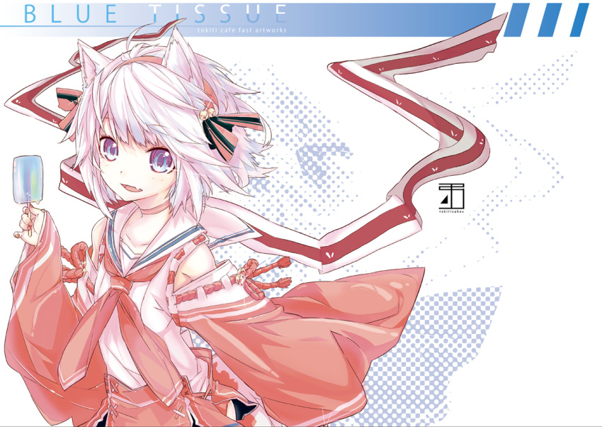 animal_ears bare_shoulders blue_eyes detached_sleeves front_cover hairband holding looking_at_viewer original popsicle school_uniform serafuku short_hair solo tokiti white_hair wolf_ears