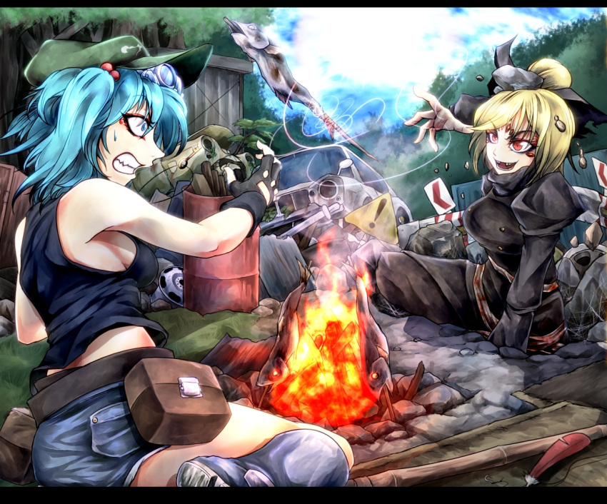 alternate_costume bag bare_shoulders barrel blonde_hair blue_eyes blue_hair boots breasts car falconet_dragon feathers fingerless_gloves fire fish gloves goggles goggles_on_head hair_bobbles hair_bun hair_ornament hat kawashiro_nitori key kurodani_yamame motor_vehicle multiple_girls outdoors red_eyes ryuuichi_(f_dragon) sharp_teeth short_hair shorts sideboob sign sitting smile spider_web sweatdrop tank_top touhou twintails vehicle warning_sign web
