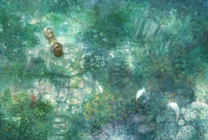 bad_id birdcage breasts brown_eyes cage cleavage dress feathers from_above hairband holding original sakai_yoshikuni scenery silver_hair sitting solo stairs