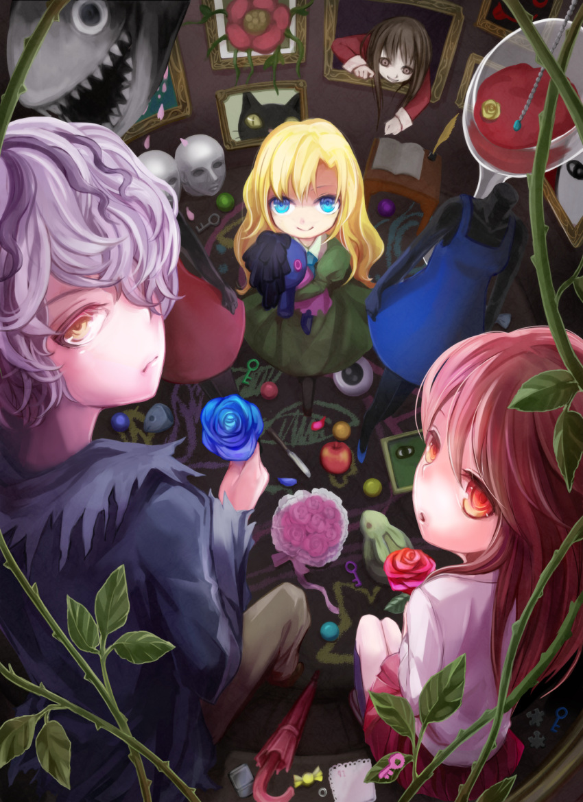 2girls apple arie9 blonde_hair blue_eyes blue_rose book bouquet brown_hair bunny candy cat doll dress eve_(ib) eyeball flower food fruit garry_(ib) gary_(ib) grin hair_over_one_eye highres ib ib_(ib) key lady_in_red_(ib) long_hair looking_back mannequin mary_(ib) multiple_girls painting painting_(object) palette_knife petals purple_hair puzzle_piece quill rabbit red_eyes red_rose rose smile umbrella yellow_eyes yellow_rose