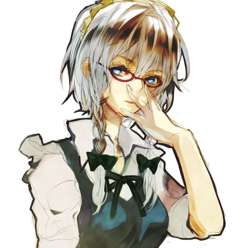 absurdres bad_id bespectacled blue_eyes braid bust glasses gm_(noatake) highres izayoi_sakuya maid_headdress ribbon rough short_hair silver_hair solo touhou twin_braids