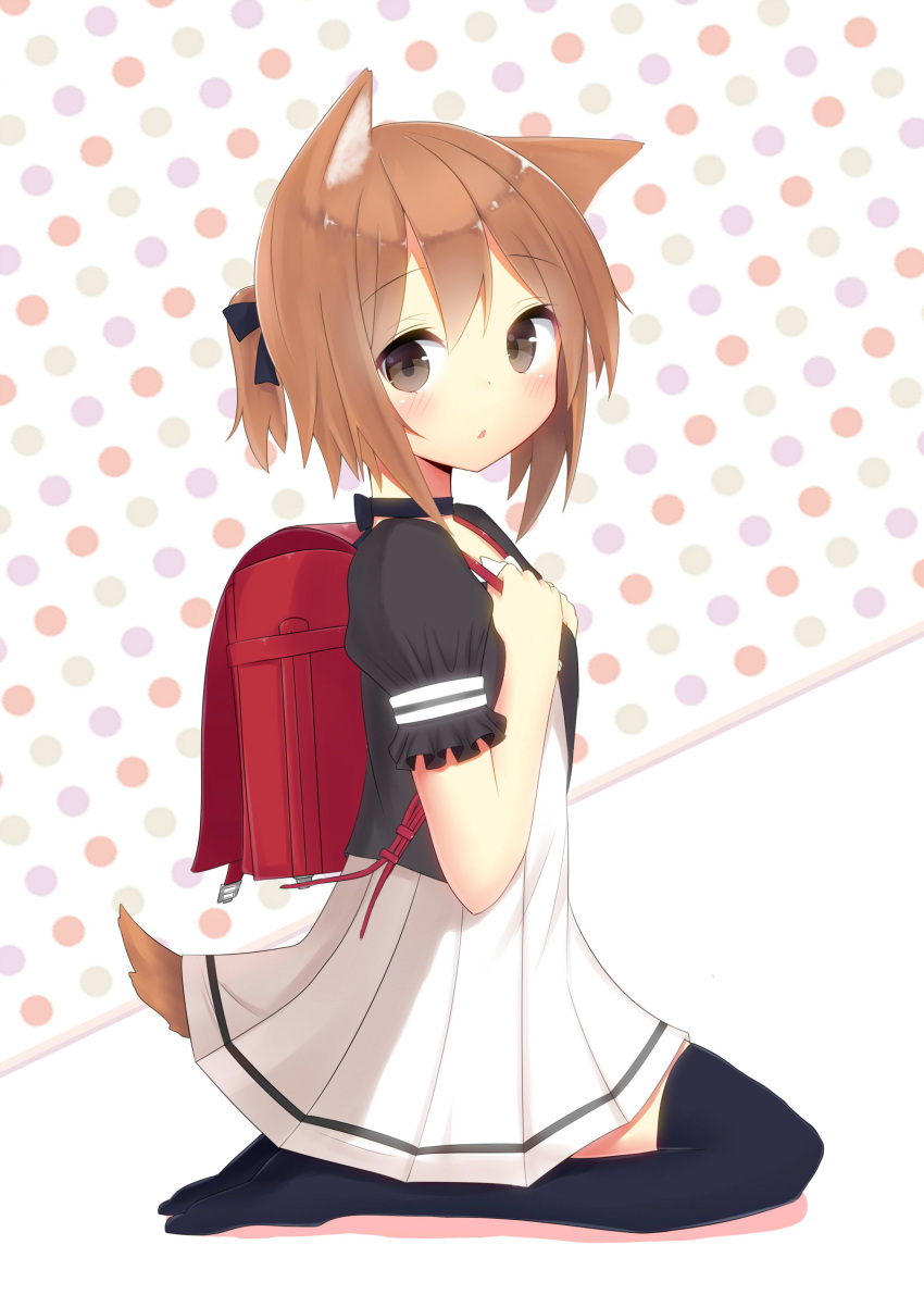 absurdres animal_ears backpack bag black_legwear blush brown_eyes brown_hair hair_ribbon highres kneehighs looking_at_viewer morinaoekaki open_mouth original polka_dot polka_dot_background randoseru ribbon school_uniform seiza short_hair short_ponytail sitting solo tail thighhighs zettai_ryouiki