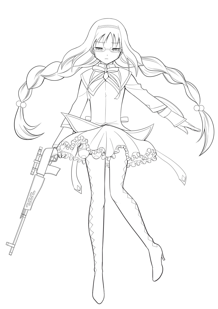 absurdres akemi_homura argyle argyle_legwear black_eyes black_hair black_legwear boots braid colored crack explosive gears glasses grenade gun hair_bobbles hair_ornament hairband high_heels highres lineart long_hair magical_girl mahou_shoujo_madoka_magica monochrome outstretched_arm pantyhose ribbon sanada_(teketo) shield shoes skirt solo spoilers tears twin_braids weapon