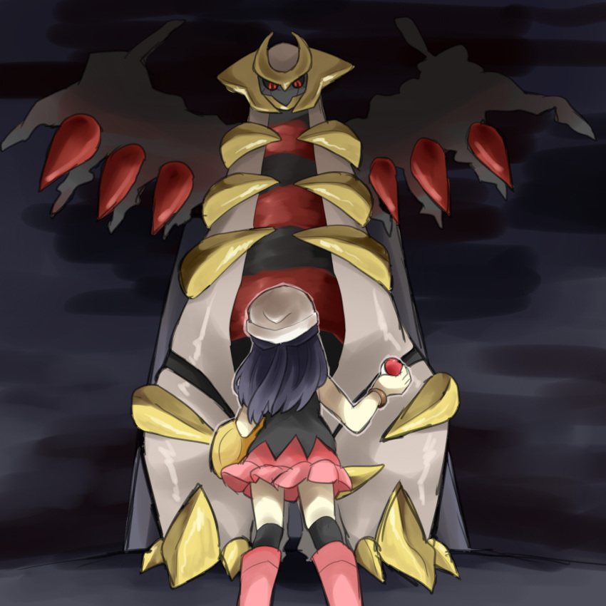 alternate_form beanie black_hair creature creepy darkness giratina hat highres hikari_(pokemon) holding holding_poke_ball long_hair poke_ball pokemon pokemon_(game) pokemon_dppt pumpkinpan skirt