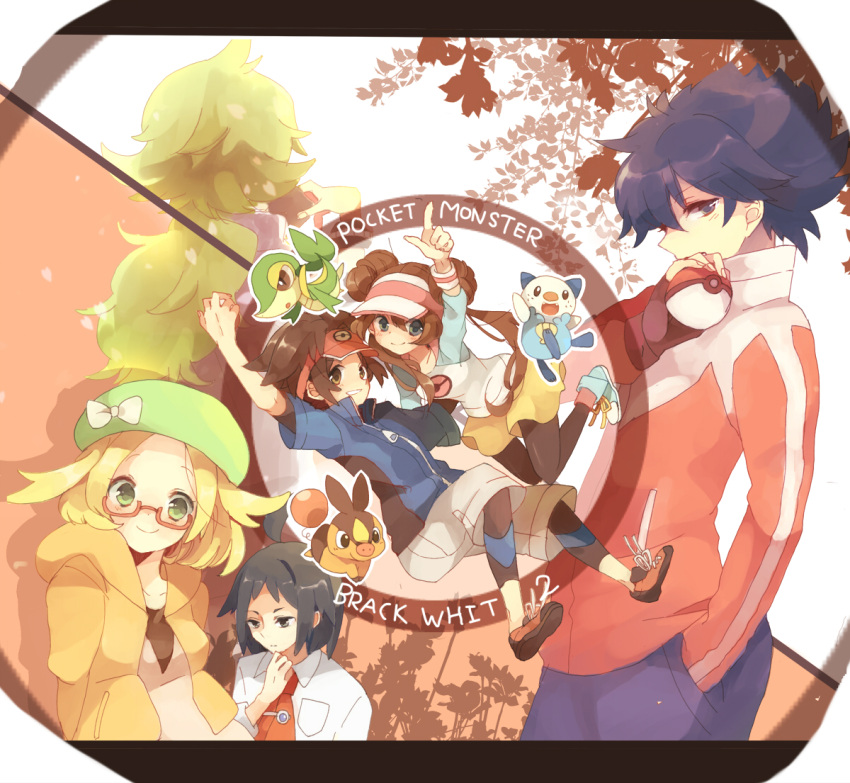 4boys bel_(pokemon) beret black_hair blonde_hair brown_hair cheren_(pokemon) double_bun glasses green_hair hand_in_pocket hat hat_ribbon holding holding_poke_ball hue_(pokemon) jacket kyouhei_(pokemon) leggings long_hair mei_(pokemon) miniskirt multiple_boys multiple_girls n_(pokemon) necktie oshawott pantyhose poke_ball pokemon pokemon_(game) pokemon_bw2 raglan_sleeves ribbon semi-rimless_glasses skirt snivy sunflower-m tepig title_drop twintails very_long_hair visor_cap