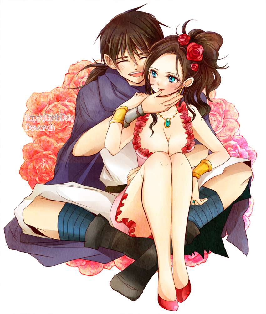 1girl :d blue_eyes blush bracelet breasts brown_hair cape character_name cleavage closed_eyes couple deborah dragon_quest dragon_quest_v dress earrings engrish eyes_closed flower hair_flower hair_ornament hair_up hero_(dq5) highres icomemo jewelry mole necklace open_mouth ranguage ring rose smile