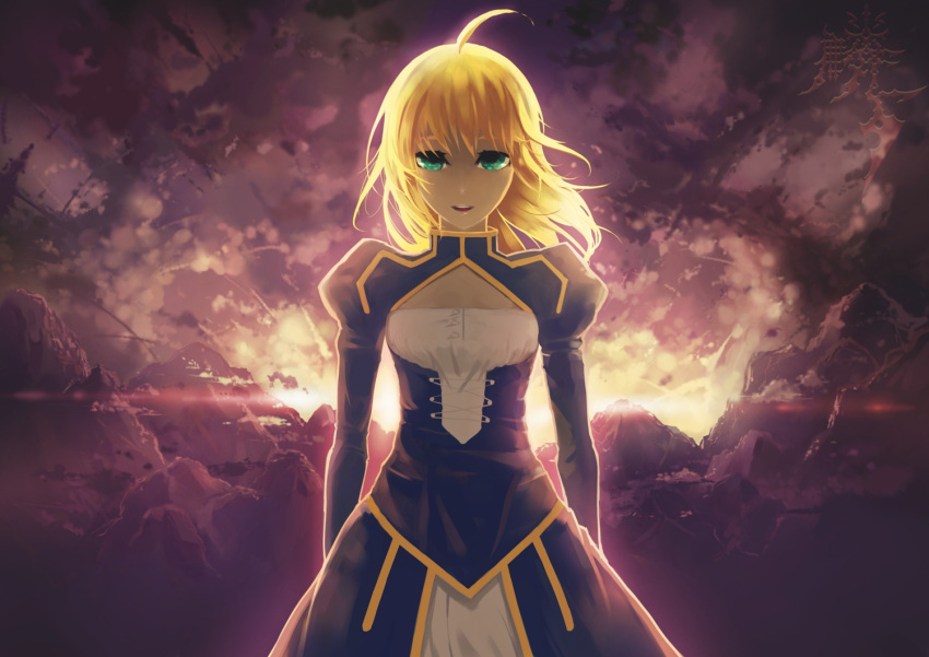 1girl ahoge blonde_hair dress fate/stay_night fate_(series) green_eyes hair_down ko2915277ok long_hair saber solo