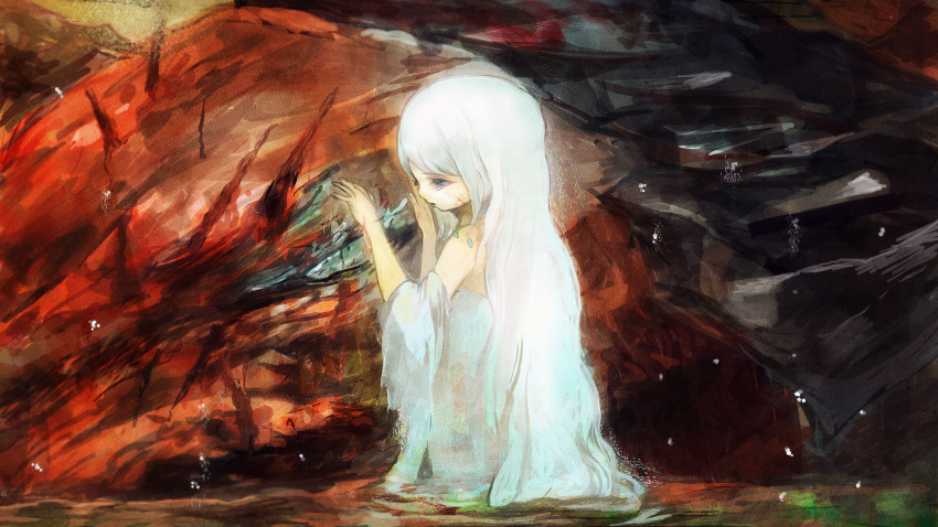 highres long_hair pixiv_fantasia pixiv_fantasia_sword_regalia sad sakaya313 solo tears torn_clothes water white_hair