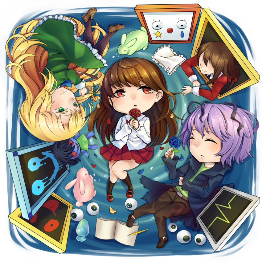 2girls blonde_hair blue_rose book brown_hair bunny chibi closed_eyes eve_(ib) eyeball eyes_closed flower from_above garry_(ib) gary_(ib) green_eyes handkerchief highres ib ib_(ib) lady_in_red_(ib) long_hair mary_(ib) multiple_girls mushi_aoi painting painting_(object) pen purple_hair rabbit red_eyes red_rose rose vase water yellow_rose