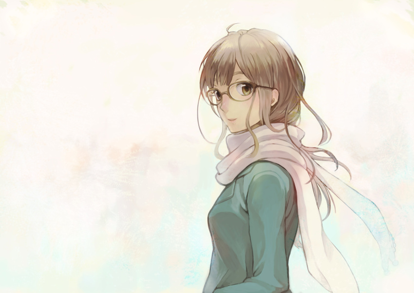blush brown_eyes brown_hair bust glasses highres original ryunosuke_takahashi scarf side smile solo takahashi_ryuunosuke white_background