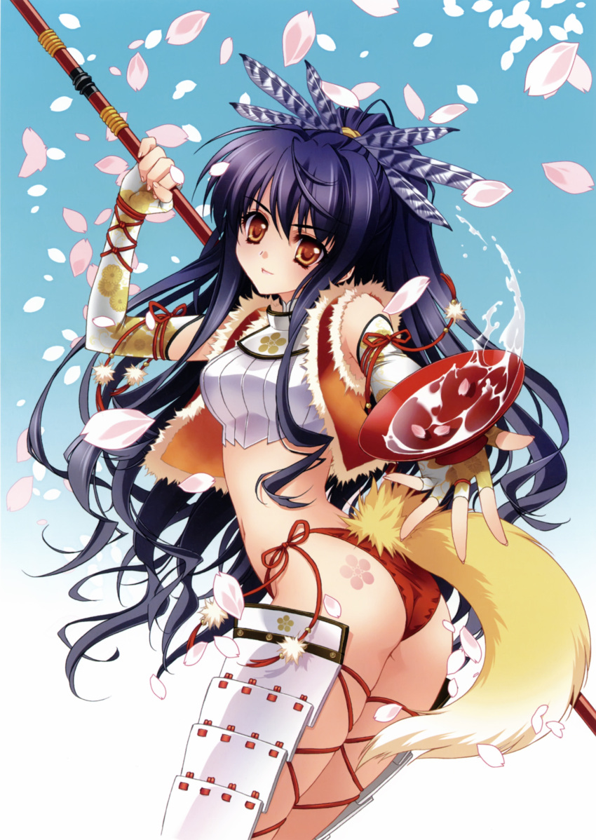 absurdres armor ass black_hair brown_eyes carnelian cherry_blossoms crop_top elbow_gloves feathers female fingerless_gloves fur_trim genderswap gloves halter_top halterneck headdress highres jacket lipstick maeda_keiji makeup midriff navel original panties ponytail possible_duplicate red_panties sakazuki sake scan side-tie_panties skindentation smile solo tail tattoo underwear water