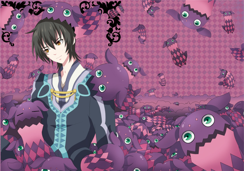 argyle argyle_background bad_id black_hair brown_eyes coat doll frown jude_mathis male purple purple_background tales_of_(series) tales_of_xillia tipo_(xillia) too_many znc