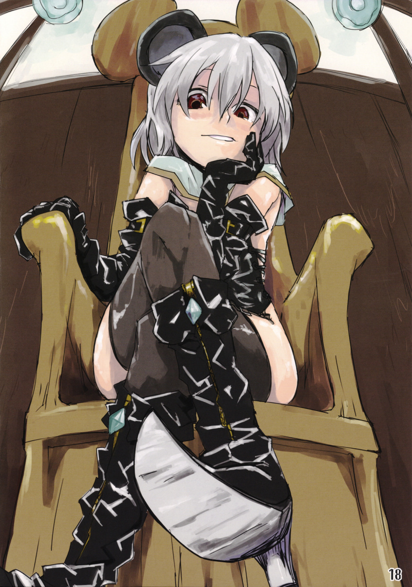 animal_ears black_legwear boots brown_eyes crossed_legs from_below garter_belt gloves grey_hair highres leather mouse_ears nazrin sape_(saperon_black) sitting solo thigh-highs thighhighs throne touhou