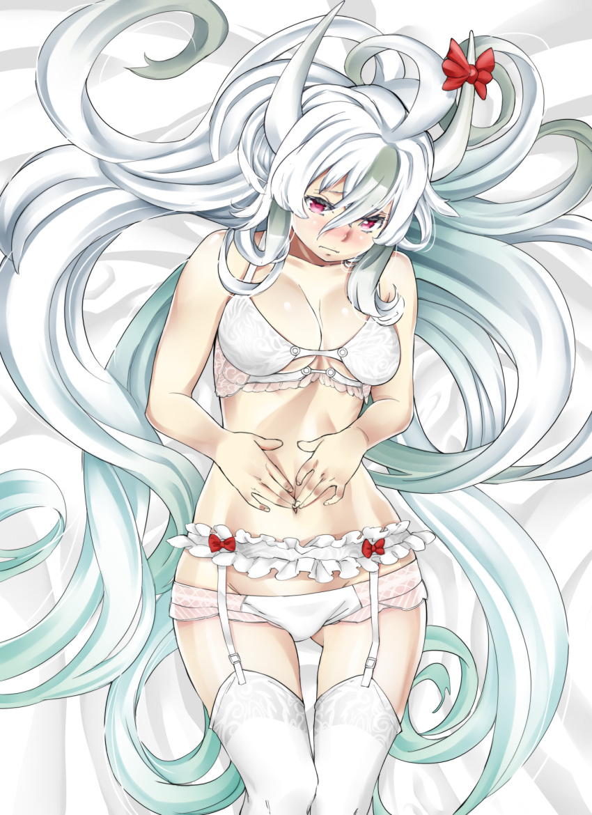 blush bra breasts cleavage ex-keine garter_belt garter_straps highres horns kamishirasawa_keine lieutenant_dan long_hair lowleg lowleg_panties lying navel on_back panties red_eyes shiny shiny_skin solo thigh-highs thigh_gap thighhighs thighs touhou underwear underwear_only very_long_hair white_background white_legwear white_panties