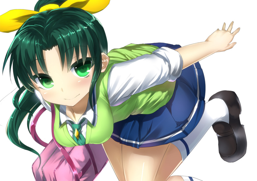 blush green_eyes green_hair midorikawa_nao mu-nyako ponytail precure short_hair skirt sleeves_rolled_up smile smile_precure! solo sweater_vest