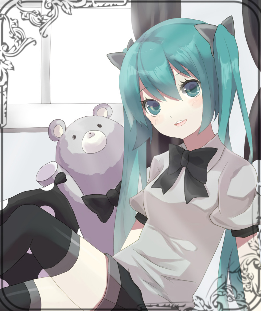 aqua_eyes aqua_hair bowtie hatsune_miku highres long_hair looking_at_viewer nagitoki necktie sitting solo stuffed_animal stuffed_toy teddy_bear thigh-highs thighhighs twintails vocaloid