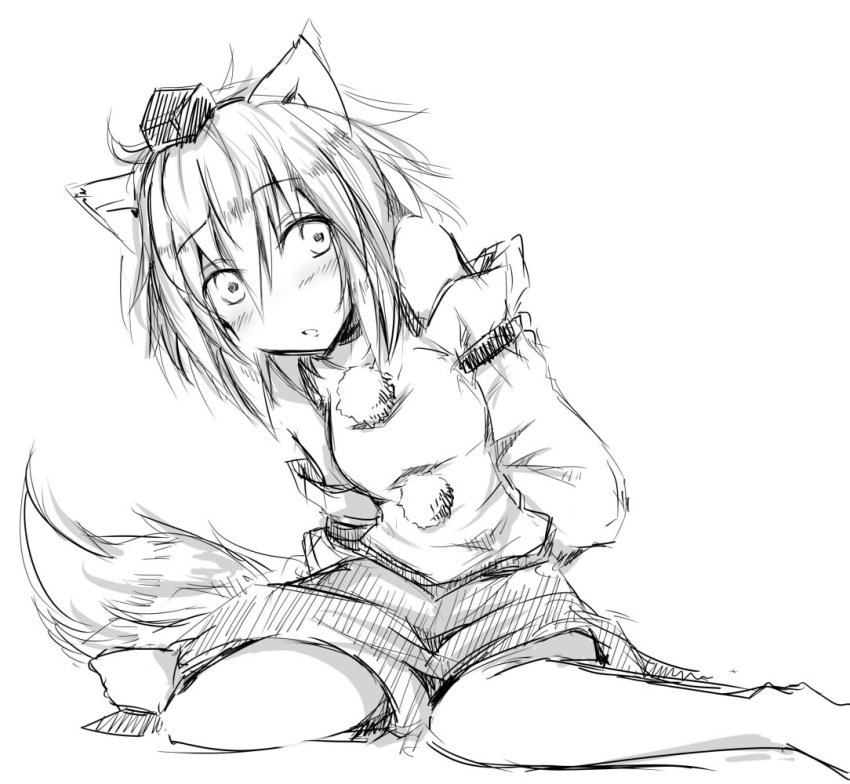 animal_ears blush chatamaru_(irori_sabou) inubashiri_momiji monochrome simple_background sitting solo tail touhou tyata-maru white_background wolf_ears wolf_tail