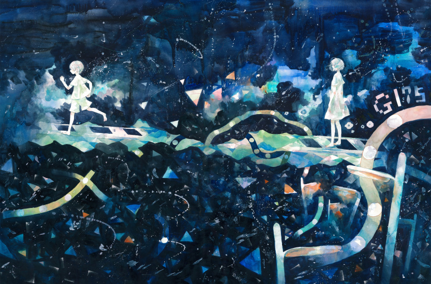 absurdres blue highres original running triangle wayukako white_hair