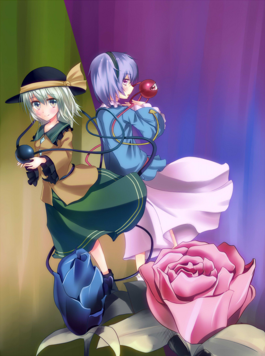 blush closed_eyes collarbone east01_06 eyes_closed flower green_eyes green_hair hat hat_ribbon highres komeiji_koishi komeiji_satori long_skirt long_sleeves multiple_girls open_mouth pink_eyes purple_hair ribbon rose short_hair siblings sisters skirt smile standing third_eye touhou wide_sleeves wind
