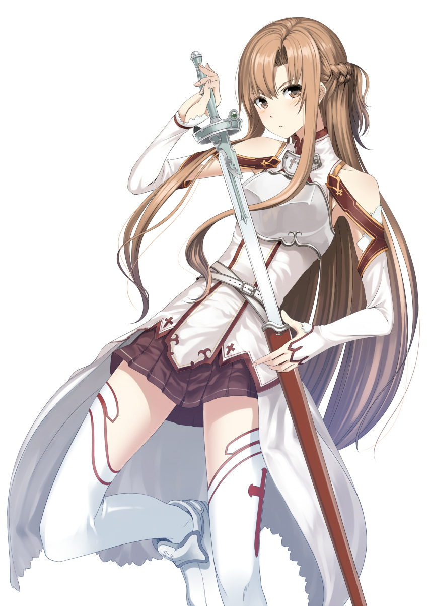 absurdres armor asuna_(sao) bare_shoulders brown_eyes brown_hair couzone detached_sleeves highres long_hair simple_background skirt solo sword sword_art_online thigh-highs thighhighs weapon white_background white_legwear yuuki_asuna