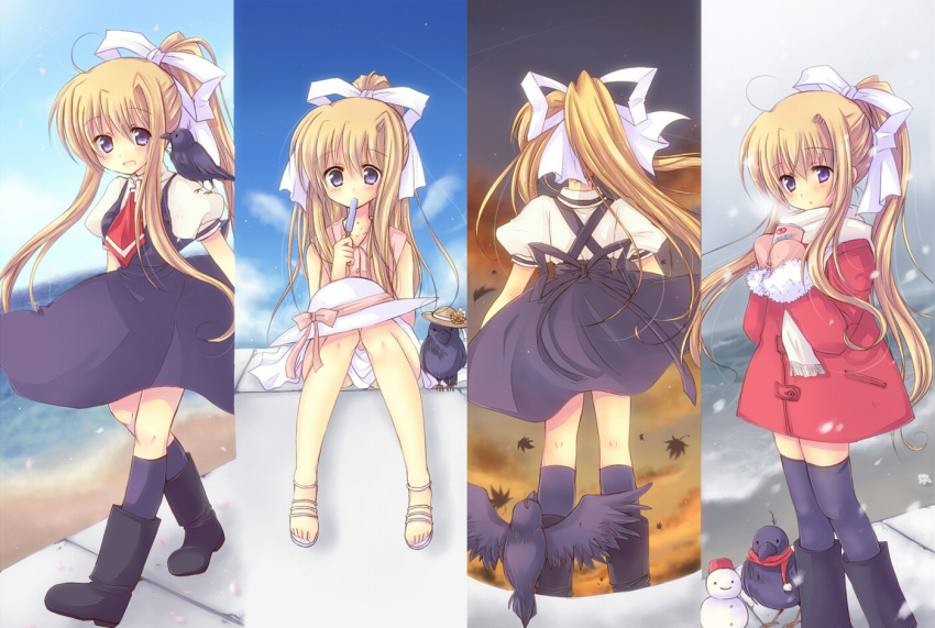 air bird black_legwear blonde_hair blue_eyes boots dress from_below gloves hair_ribbon holding kamio_misuzu long_hair miyata_(miyatami07) multiple_views ponytail popsicle ribbon sandals sitting snowing thigh-highs thighhighs walking