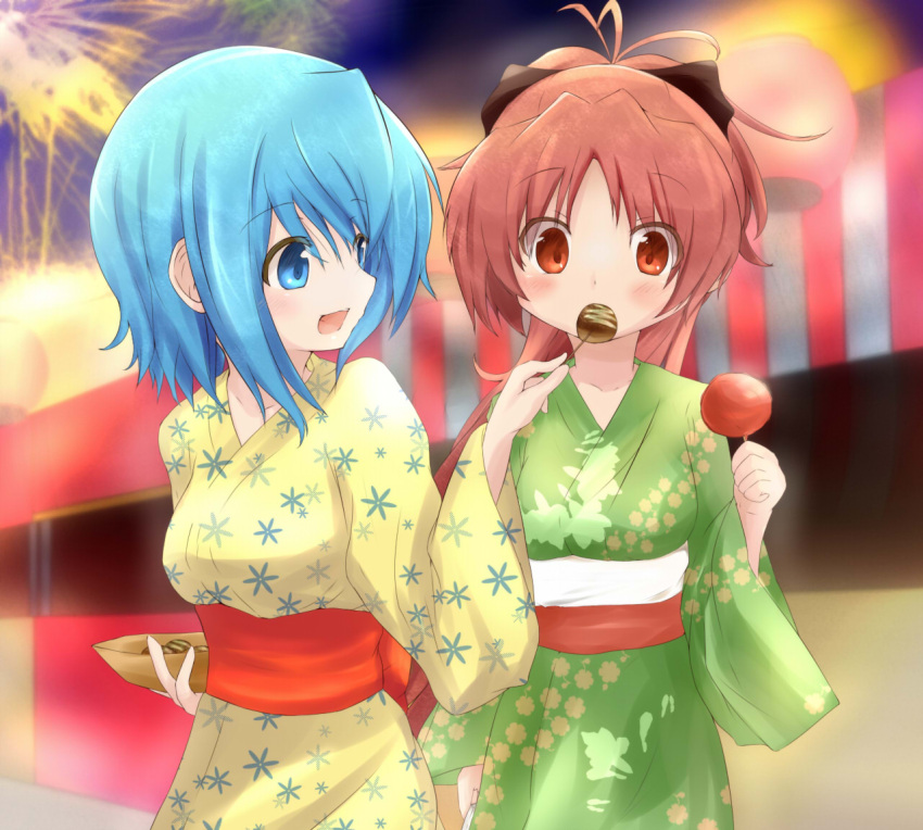 akemi_homura alternate_costume blue_eyes blue_hair blush bow candy_apple dango dress feeding festival fireworks floral_print food green_dress gseeddjp hair_bow japanese_clothes kimono long_hair mahou_shoujo_madoka_magica miki_sayaka multiple_girls open_mouth red_eyes red_hair redhead sakura_kyouko sash short_hair wagashi yellow_dress