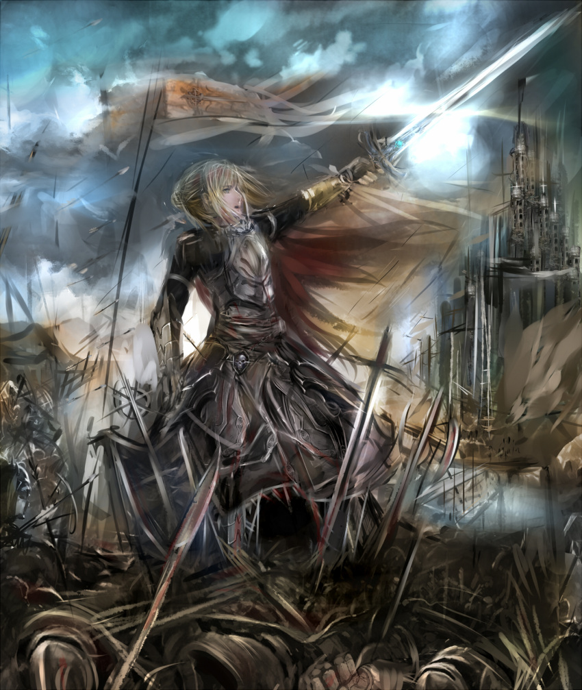 ahoge arm_up armor armored_dress army battlefield blonde_hair blood castle dress excalibur fate/stay_night fate/zero fate_(series) field_of_blades flag gauntlets green_eyes hair_ribbon highres misako polearm ribbon saber solo spear sword weapon