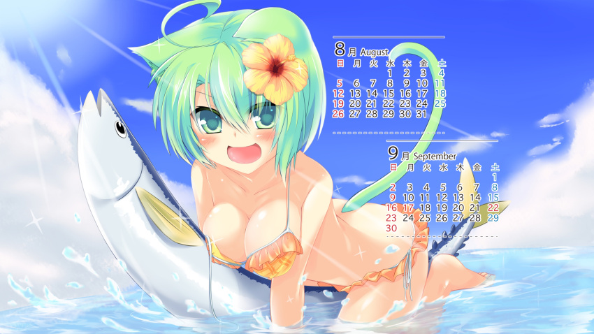 :d ahoge animal animal_ears bikini blush breasts calendar cat_ears cat_tail catgirl cleavage dodome-iro_mayonnaise dodome_(sharon) fish flower frilled_bikini frills green_eyes green_hair hair_flower hair_ornament highres large_breasts looking_at_viewer open_mouth original partially_submerged sharon_(dodomayo) short_hair side-tie_bikini smile solo summer sunbeam sunlight swimsuit tail untied wallpaper water
