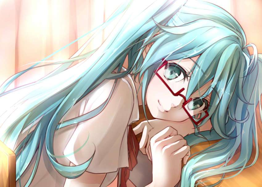 ahoge alternate_costume aqua_eyes aqua_hair arm_rest chair curtains desk glasses hatsune_miku head_rest highres long_hair looking_at_viewer looking_back masami_chie red-framed_glasses shirt sitting smile solo twintails very_long_hair vocaloid