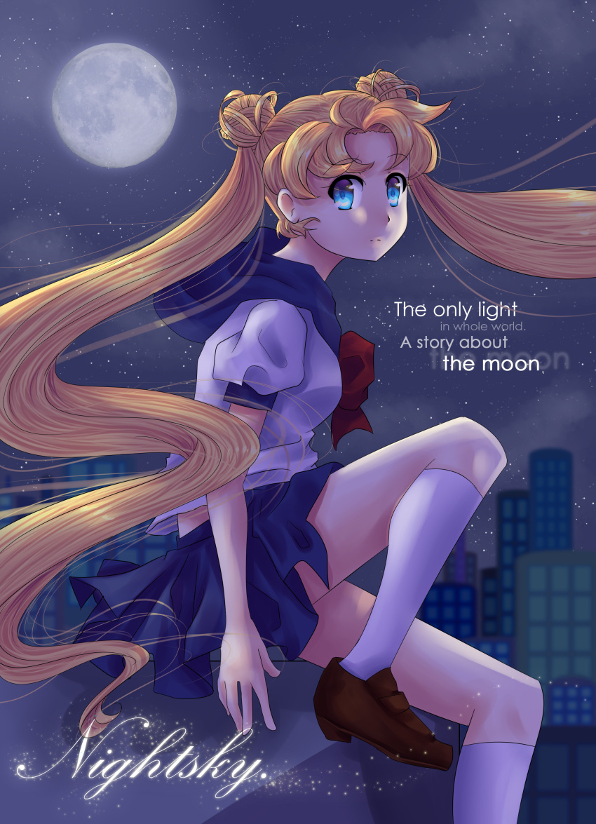 absurdres bishoujo_senshi_sailor_moon blonde_hair blue_eyes city double_bun engrish expressionless full_moon highres kira96 kneehighs long_hair moon night ranguage school_uniform serafuku sitting solo tsukino_usagi twintails white_legwear