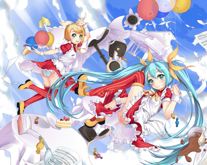 absurdres aqua_eyes aqua_hair balloon blonde_hair book cake candy chair cloud clouds codec007 dress food grand_piano hair_ornament hair_ribbon hairclip hatsune_miku highres instrument kagamine_rin long_hair mary_janes multiple_girls panties piano ribbon sheet_music shoes short_hair sky striped striped_panties table thigh-highs thighhighs twintails underwear vertical-striped_legwear vertical_stripes very_long_hair vocaloid wrist_cuffs