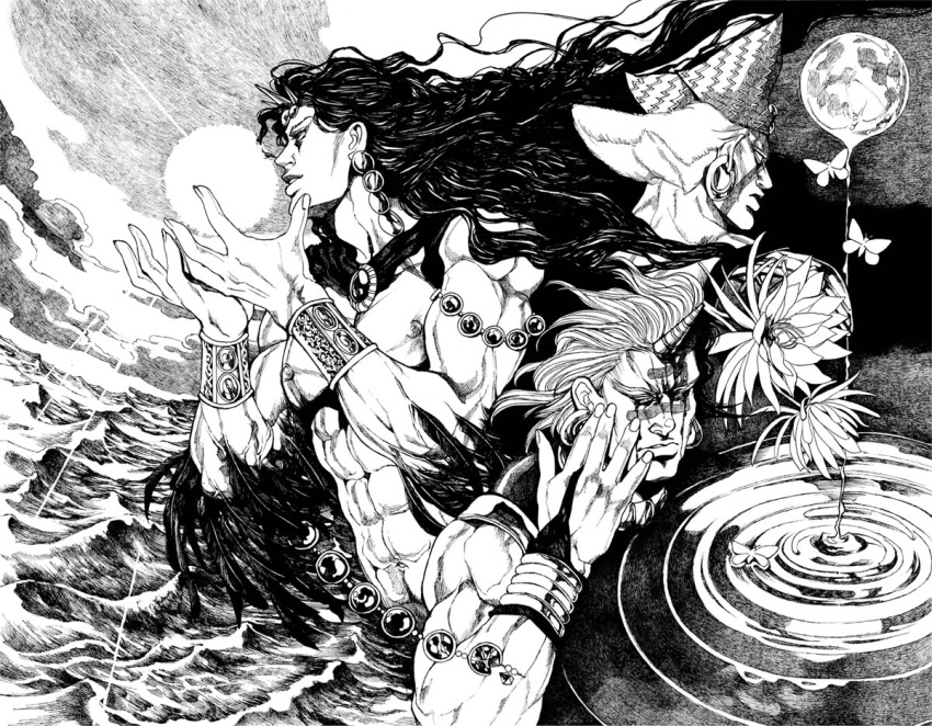 bud_(korovsme) butterfly cars_(jojo) esidisi flower full_moon horns jojo_no_kimyou_na_bouken long_hair male manly millipen_(medium) monochrome moon multiple_boys muscle nib_pen_(medium) traditional_media water wham