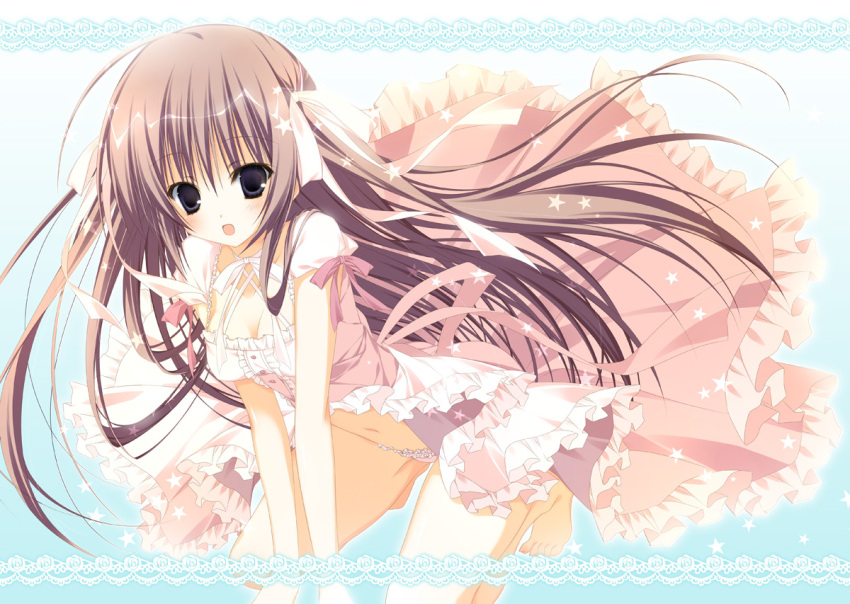 black_eyes breasts brown_hair cleavage copyright_request dress frilled_panties frills inugami_kira panties pink_panties underwear