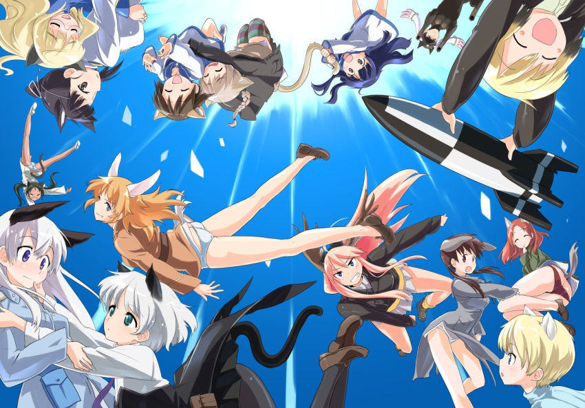 animal_ears ass black_legwear blonde_hair blue_eyes blush brown_eyes brown_hair character_request charlotte_e_yeager closed_eyes eila_ilmatar_juutilainen erica_hartmann everyone eyes_closed flying francesca_lucchini gertrud_barkhorn green_eyes hanna-justina_marseille hug long_hair lynette_bishop minna-dietlinde_wilcke miyafuji_yoshika motsu_(artist) mozu_(peth) multiple_girls nikka_edvardine_katajainen orange_hair panties pantyhose perrine_h_clostermann pink_hair rocket sakamoto_mio sanya_v_litvyak smile strike_witches striped striped_legwear tail thigh-highs thighhighs underwear weapon white_panties yamakawa_michiko