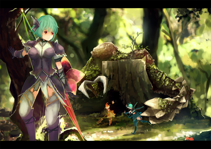 armor doboruberuku forest kazami_yuuka letterboxed magyuru_(armor) medicine_melancholy melahoa_(armor) minigirl monster monster_hunter monster_hunter_portable_3rd multiple_girls nargacuga_(armor) nature parody running shield short_hair su-san touhou tragic_comedy weapon wriggle_nightbug