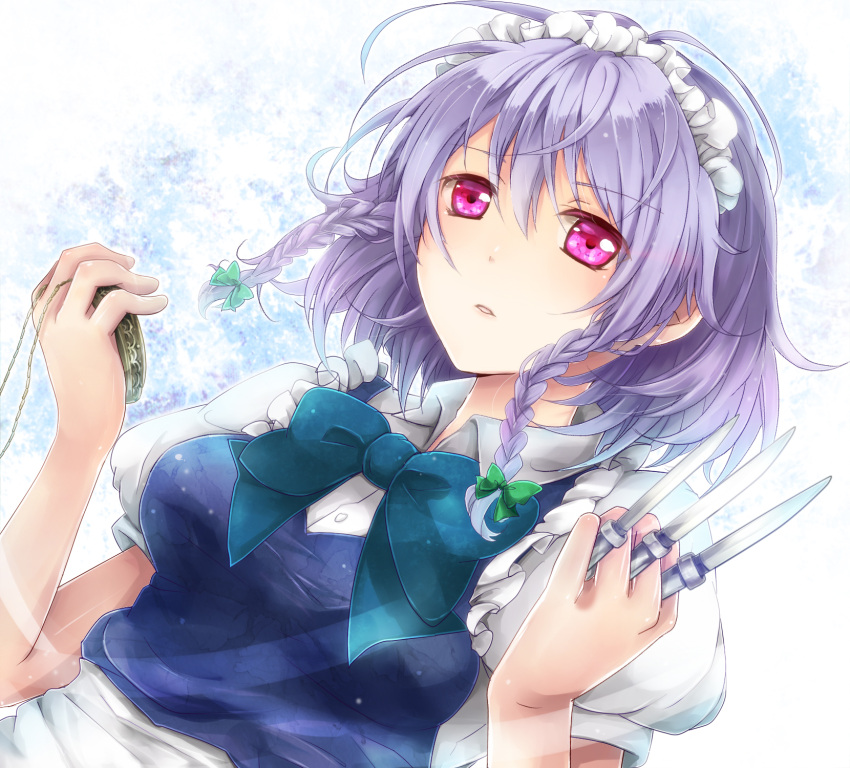 between_fingers braid highres holding izayoi_sakuya knife lavender_hair maid maid_headdress pink_eyes pocket_watch sakura_ran silver_hair solo touhou twin_braids watch