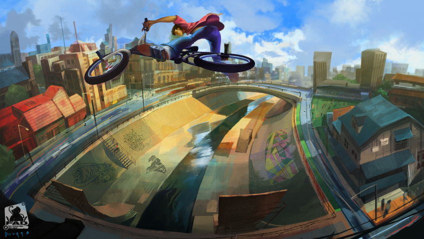 1boy absurdres bicycle blue_sky bonggo bridge building cloud clouds flying from_above highres jeans original red_shirt rooftop short_sleeves sky stairs watermark