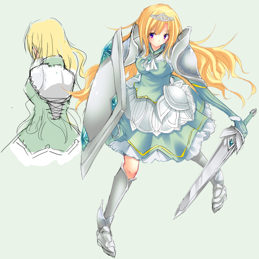 armor blonde_hair circlet highres left-handed long_hair original purple_eyes shield shiraha sketch skirt solo sword sword_art_online violet_eyes weapon