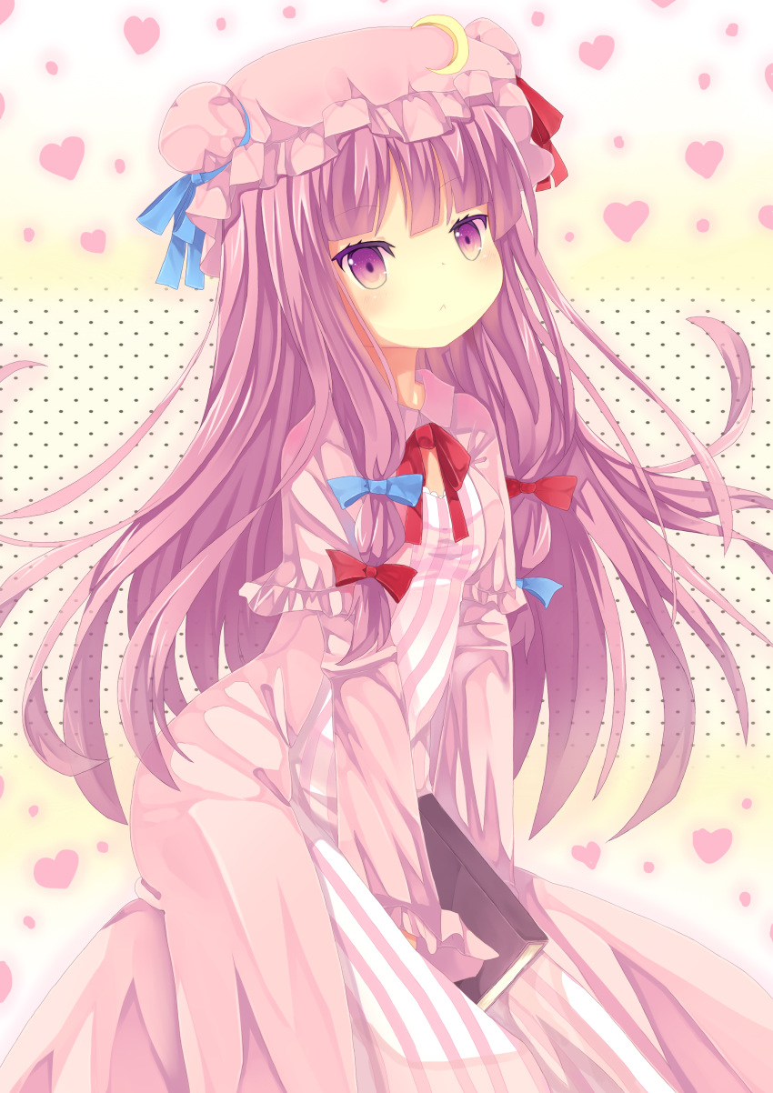 :< absurdres book bow crescent dress hat highres long_hair patchouli_knowledge purple_eyes purple_hair ribbon solo touhou ureshiijelek violet_eyes