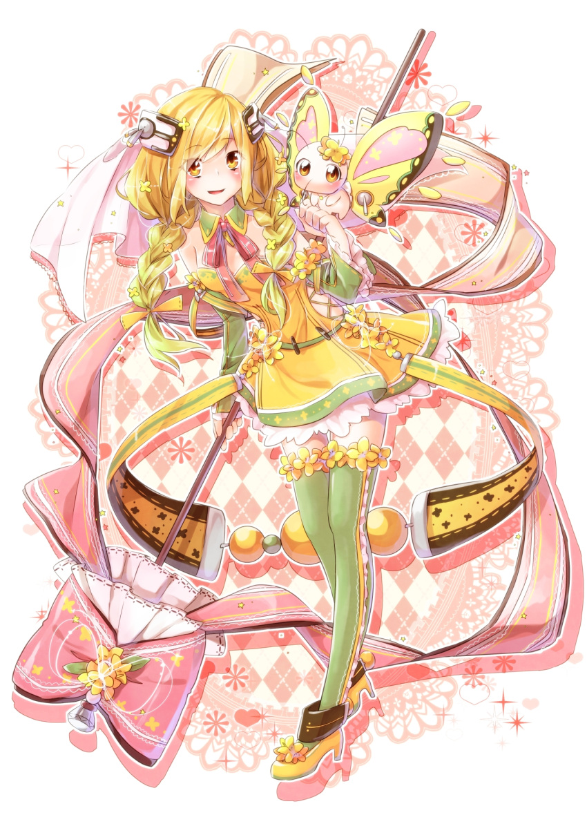 blonde_hair blush bow braid butterfly detached_collar detached_sleeves flower hair_ornament high_heels highres open_mouth original ribbon sakuragi_ren shoes skirt staff thigh-highs thighhighs twin_braids yellow_eyes