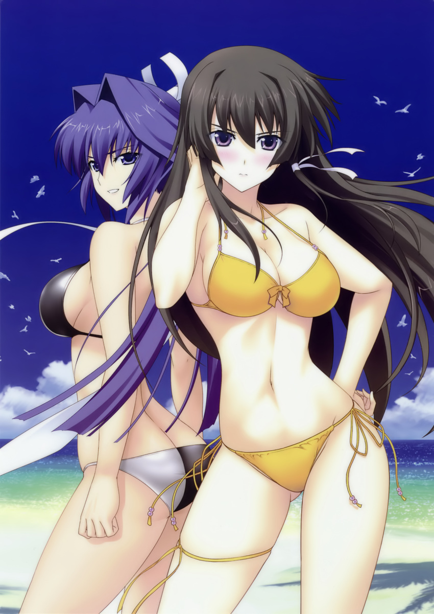 absurdres artist_request ass bare_shoulders beach bikini bird blush breasts brown_hair cleavage front-tie_top hair_intakes hand_on_hip highres hips long_hair makishima_azusa mitsurugi_meiya multiple_girls muvluv muvluv_alternative muvluv_total_eclipse navel ponytail purple_eyes purple_hair ribbon scan seagull side-tie_bikini sideboob smile string_bikini swimsuit takamura_yui thigh_ribbon violet_eyes yellow_bikini