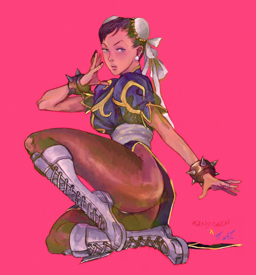 bangs black_hair blue_eyes boots china_dress chinese_clothes chun-li cross-laced_footwear earrings fighting_stance hair_bun highres jewelry lace-up_boots looking_at_viewer pantyhose simple_background street_fighter t.w.a.t upskirt