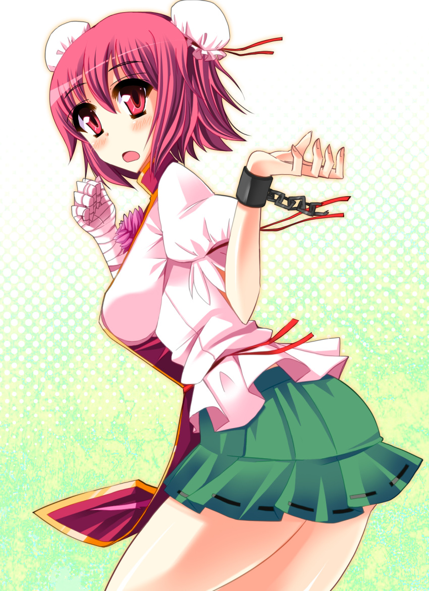 amputee blush chinese_clothes cuffs double_bun hainakku highres ibaraki_kasen looking_at_viewer shackles short_hair skirt solo thighs touhou