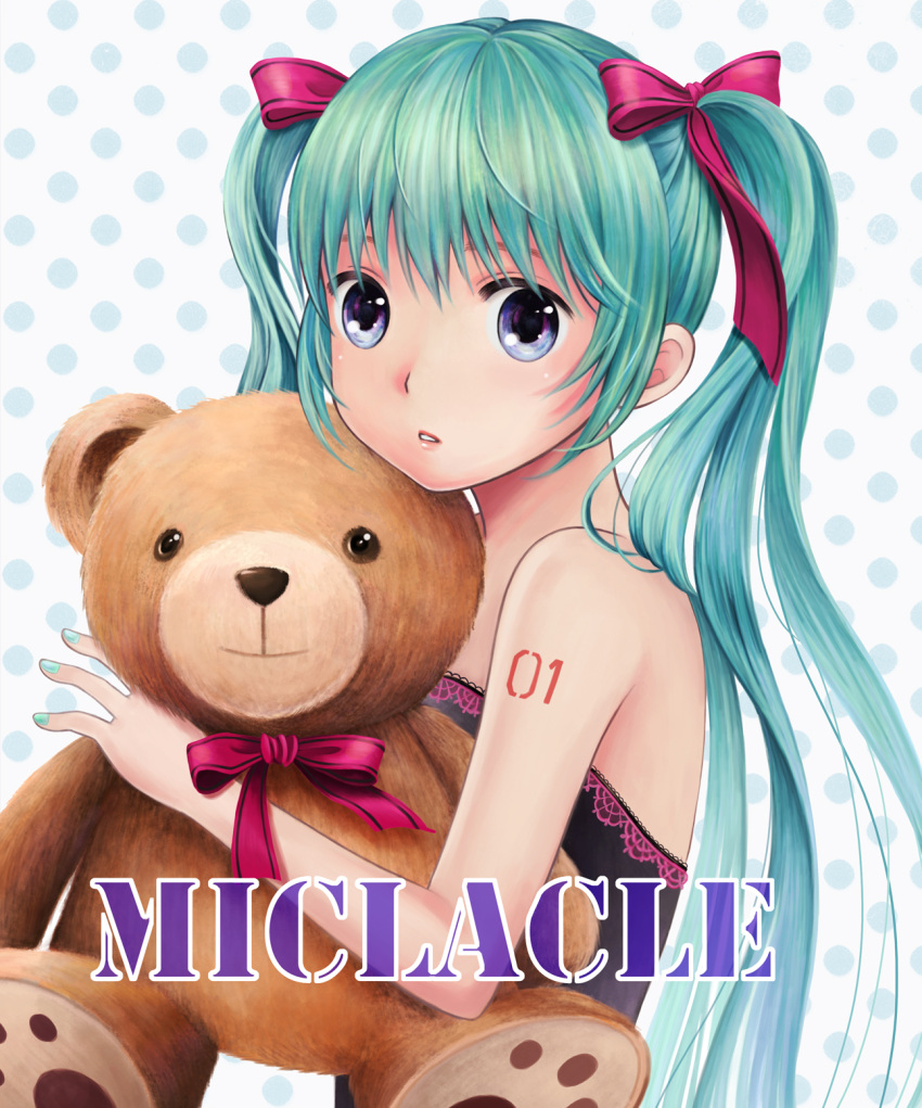 aqua_hair bad_id blue_eyes hair_ribbon hatsune_miku highres kahama_youko long_hair parted_lips polka_dot polka_dot_background ribbon solo stuffed_animal stuffed_toy teddy_bear twintails vocaloid