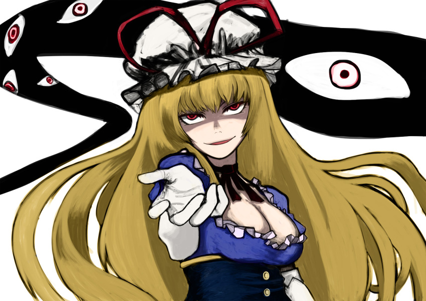 bad_id bangs blonde_hair blunt_bangs breasts bust choker cleavage corset evil_smile gap gloves hat idayui long_hair reaching_out red_eyes ribbon smile solo straight_hair touhou very_long_hair yakumo_yukari