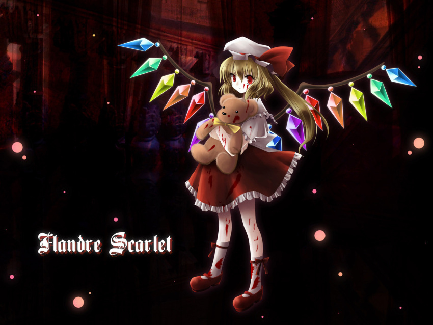 bad_id blonde_hair blood character_name crystal flandre_scarlet hat hat_ribbon highres puffy_sleeves red_eyes ribbon short_hair short_sleeves side_ponytail solo stuffed_animal stuffed_toy teddy_bear teddy_bears touhou wings