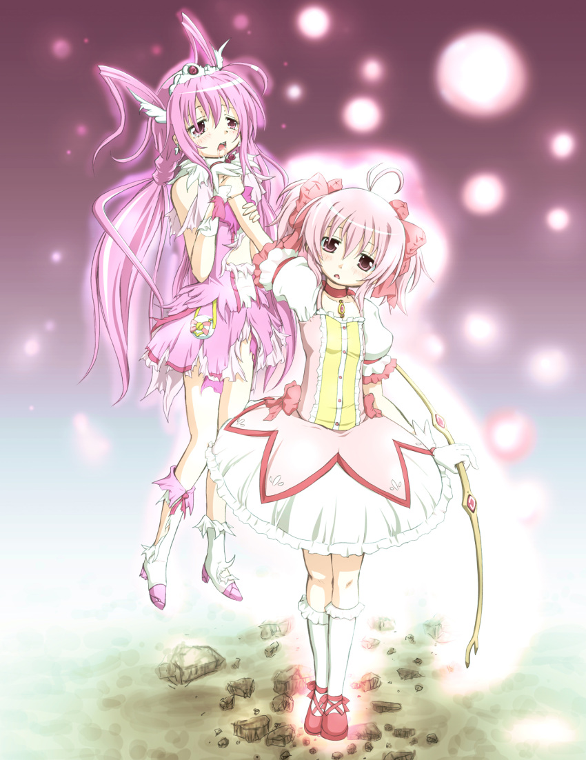 asphyxiation bow bow_(weapon) bubble_skirt choker choking color_connection crossover cure_happy drooling gloves hair_bow head_tilt highres hoshizora_miyuki kaname_madoka long_hair magical_girl mahou_shoujo_madoka_magica multiple_girls out_of_character pink_eyes pink_hair precure sakuraebi_chima saliva short_twintails skirt smile_precure! soul_gem tears torn_clothes twintails weapon white_gloves